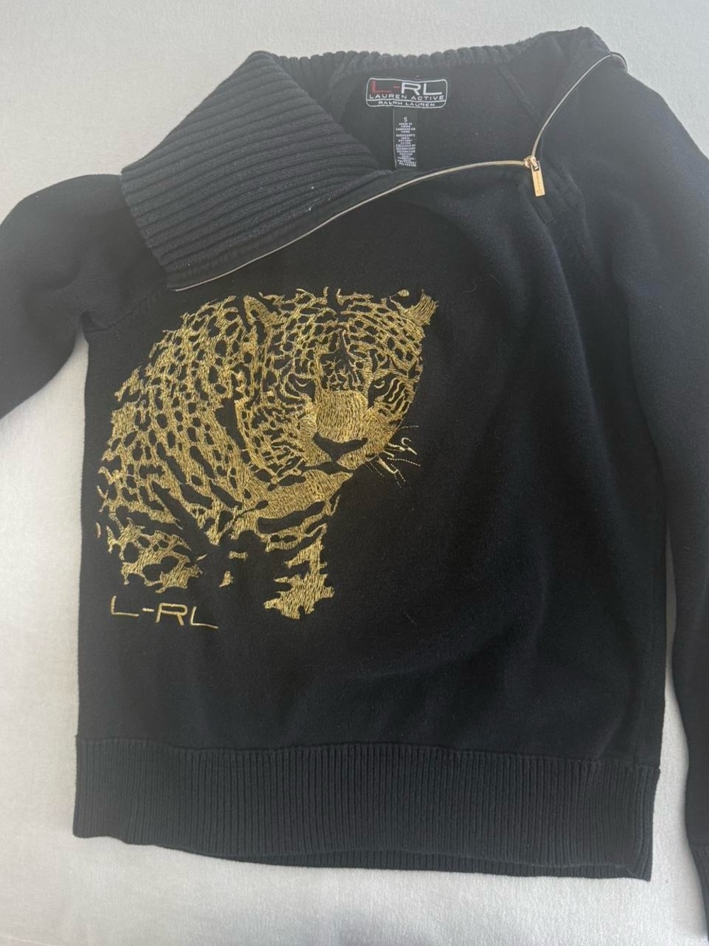 Vintage Ralph Lauren Black Zip-Up Sweater with Gold Leopard Motif